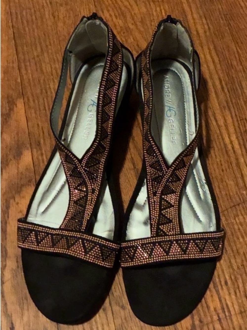 Andrew Geller Black Sandals with Copper Beaded Trim